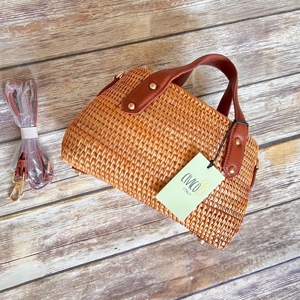 Pulicati Cane Rattan Bucket Leather Bag Medium Crossbody Strap